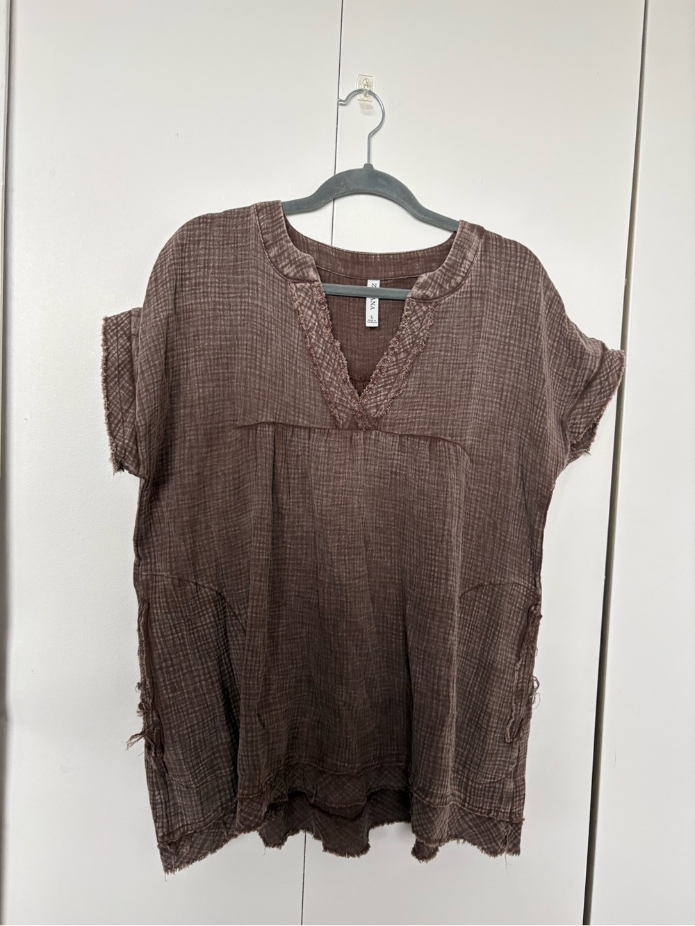Anthropologie L Brown V-Neck Linen Shirt